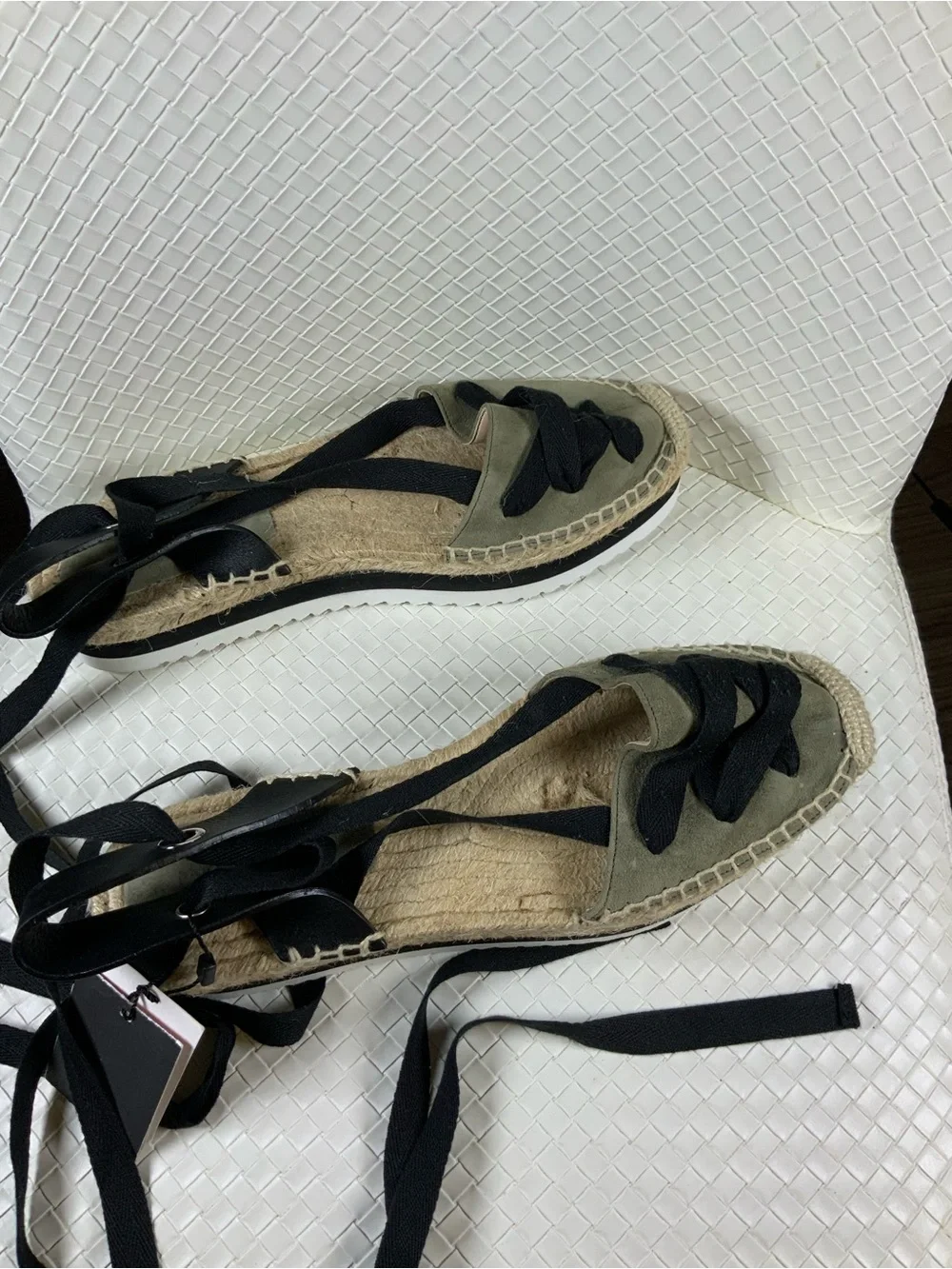 Zara Olive Espadrille Lace-Up Flats with Black Ribbons